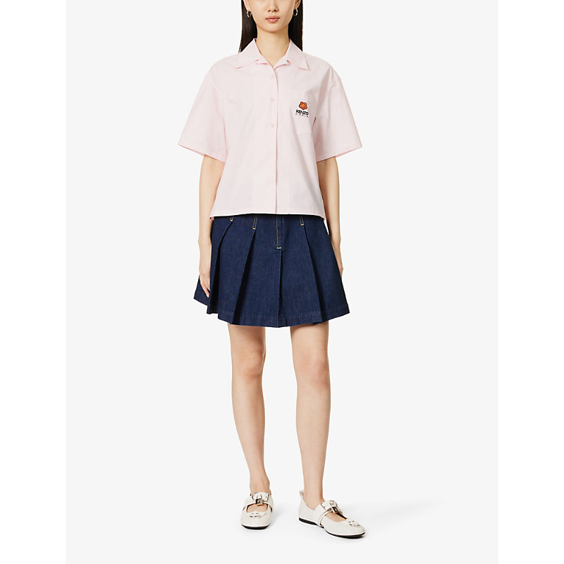 Shop Kenzo Logo-patch Pleated Denim Mini Skirt In Rinse Blue Denim