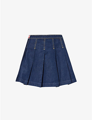 KENZO: Logo-patch pleated denim mini skirt