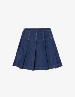 Shop Kenzo Women's Rinse Blue Denim Logo-patch Pleated Denim Mini Skirt