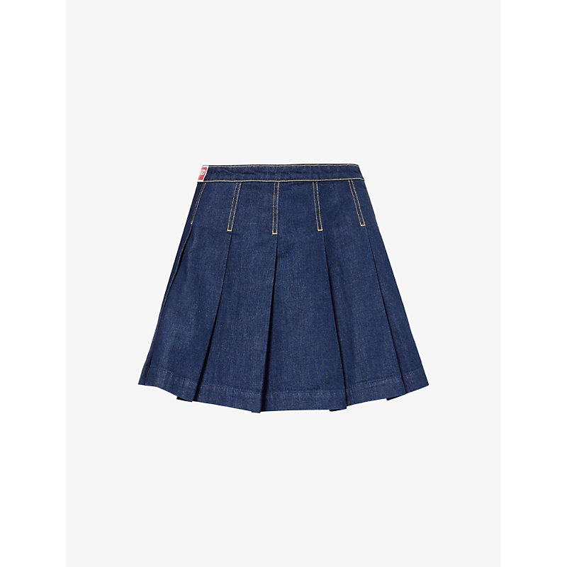 Shop Kenzo Women's Rinse Blue Denim Logo-patch Pleated Denim Mini Skirt