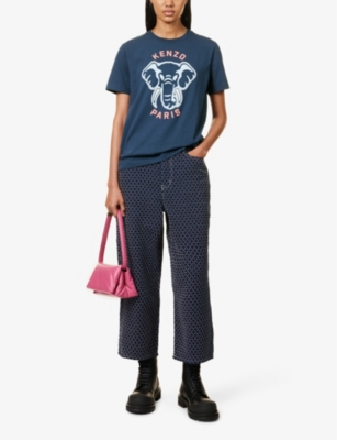 Shop Kenzo Women's Midnight Blue Elephant Graphic-print Regular-fit Cotton-jersey T-shirt