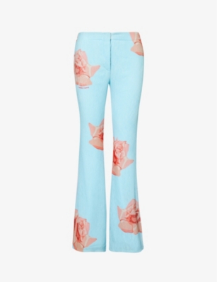 Kenzo Flared Rose Print Trousers In Light Blue