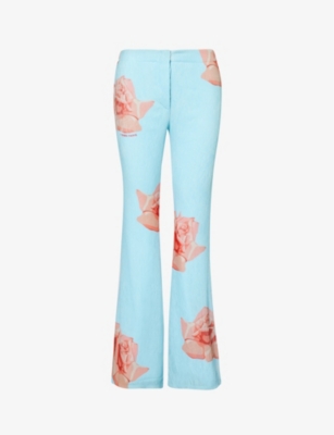 Shop Kenzo Women's Light Blue Floral-print Flared-leg Woven Trousers