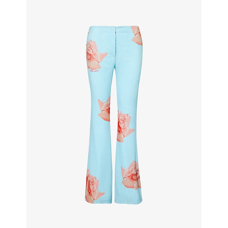Shop Kenzo Women's Light Blue Floral-print Flared-leg Woven Trousers