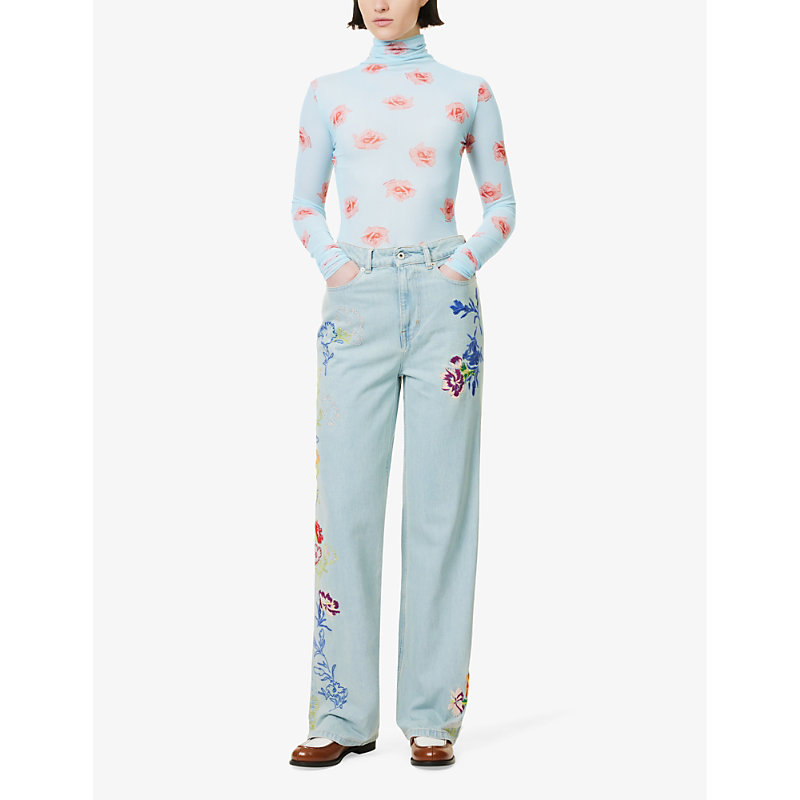 Shop Kenzo Women's Light Blue Rose-pattern Slim-fit Mesh Top