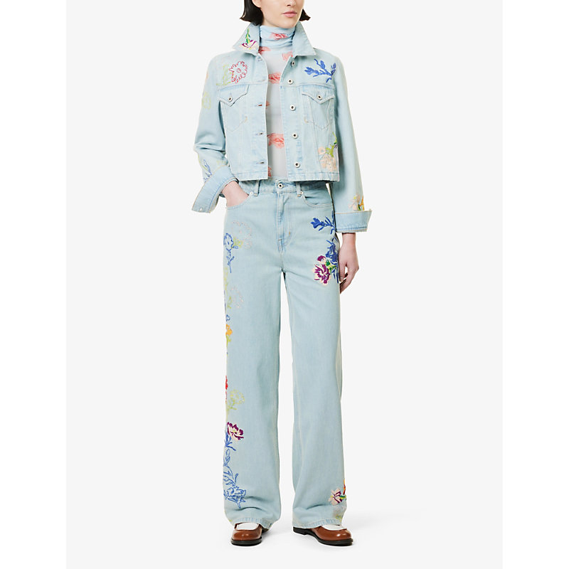 Shop Kenzo Floral-embroidered Chest-pocket Denim Jacket In Blue Denim