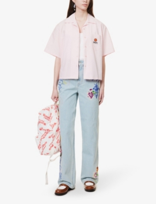 Shop Kenzo Women's Blue Denim Sumire Drawn Flowers Floral-embroidered Wide-leg Mid-rise Jeans