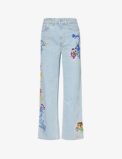 KENZO: Sumire Drawn Flowers floral-embroidered wide-leg mid-rise jeans