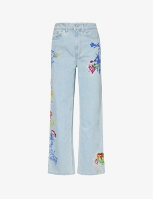 Shop Kenzo Sumire Drawn Flowers Floral-embroidered Wide-leg Mid-rise Jeans In Blue Denim