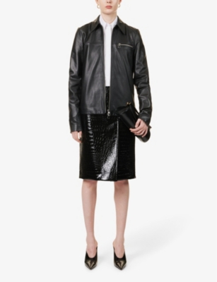 Shop Sportmax Womens Black Spread-collar Zip-pocket Leather Jacket