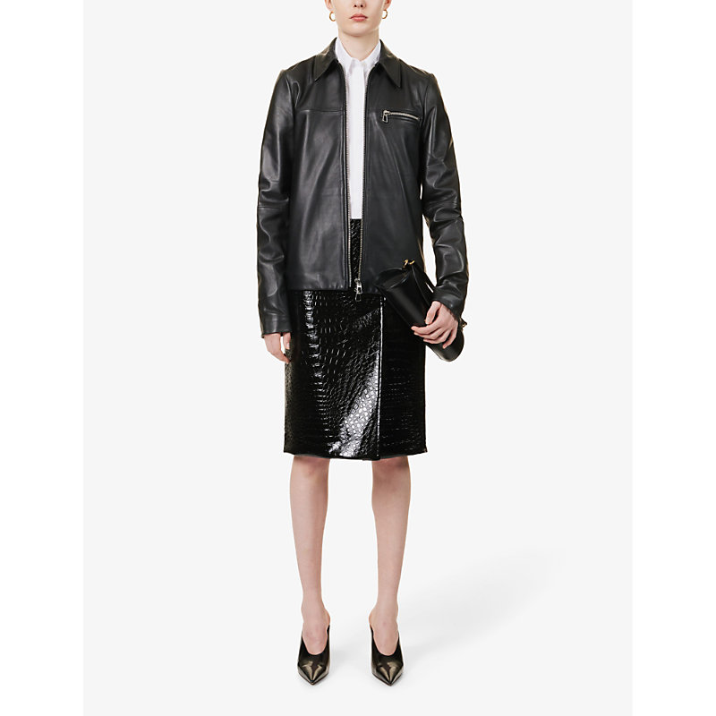 Shop Sportmax Womens Black Spread-collar Zip-pocket Leather Jacket