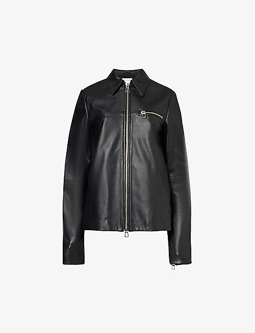SPORTMAX: Spread-collar zip-pocket leather jacket