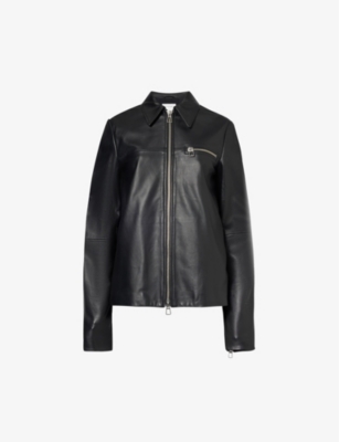 Shop Sportmax Womens Black Spread-collar Zip-pocket Leather Jacket