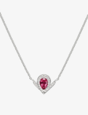 CHAUMET: Joséphine Aigrette 18ct white-gold, 0.19ct brilliant-cut diamond and 0.6ct pear-cut rubellite pendant necklace