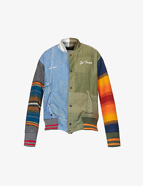 GREG LAUREN: GL Scraps brand-embroidered contrast-panel cotton-blend jacket