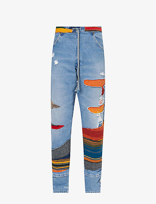 GREG LAUREN: Contrast-panel drawstring-waist jeans