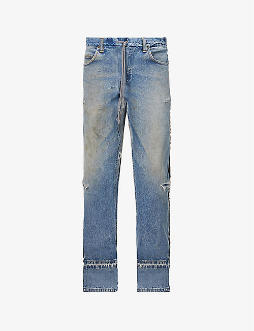 GREG LAUREN: Contrast-panel distressed relaxed-fit tapered cotton-blend jeans