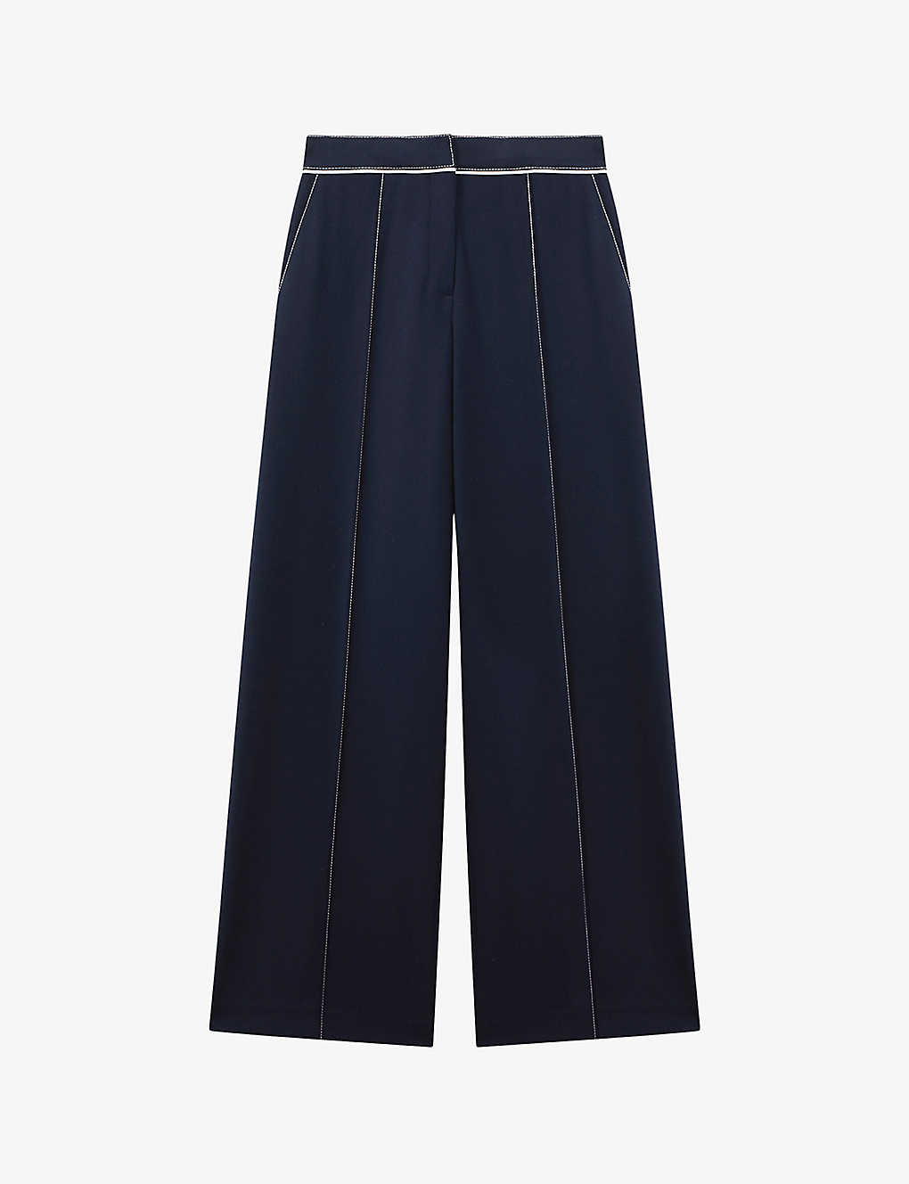 Shop Reiss Women's Navy Oriel Wide-leg High-rise Stretch Woven-blend Trousers