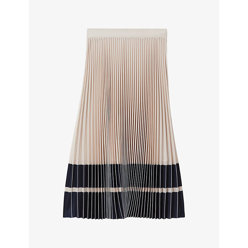 Shop Reiss Women's Nude/navy Marie Pleated Woven Midi Skirt