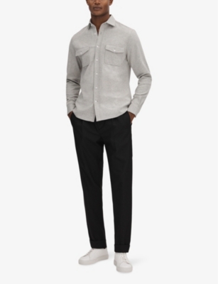 Shop Reiss Mens Soft Grey Melan Ragan Slim-fit Long-sleeve Cotton-jersey Shirt