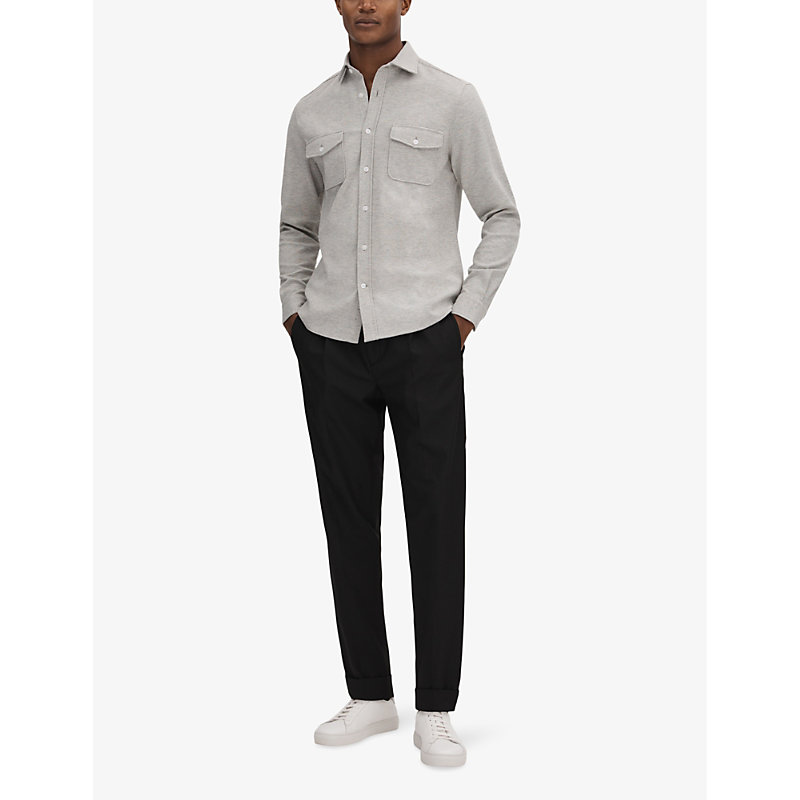 Shop Reiss Men's Soft Grey Melan Ragan Slim-fit Long-sleeve Cotton-jersey Shirt