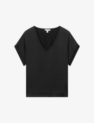 Shop Reiss Women's Black Natalia V-neck Stretch Silk Top