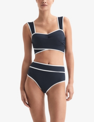 Shop Reiss Women's Vy/white Cristina Wrap-front Stretch Recycled-nylon Bikini Top In Navy/white