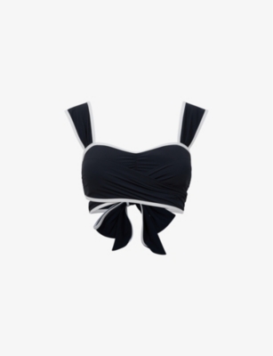 Shop Reiss Women's Vy/white Cristina Wrap-front Stretch Recycled-nylon Bikini Top In Navy/white