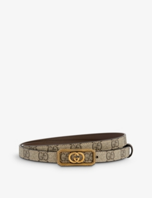 Gucci Womens B.ebony/new Acero Logo-buckle Monogram Canvas Belt