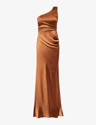 Shop Six Stories Women's Rust One-shoulder Ruched Satin Maxi Dress