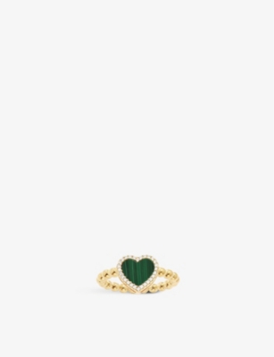 APM MONACO: Malachite heart 18ct yellow gold-plated metal alloy and zirconia ring