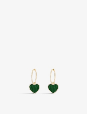 APM MONACO: Malachite heart 18ct yellow gold-plated metal alloy and pavé zirconia earrings