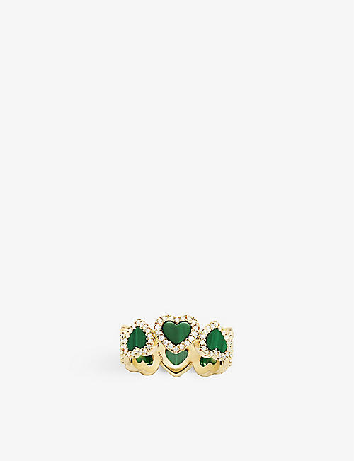 APM MONACO: Malachite heart 18ct yellow gold-plated metal alloy and zirconia ring