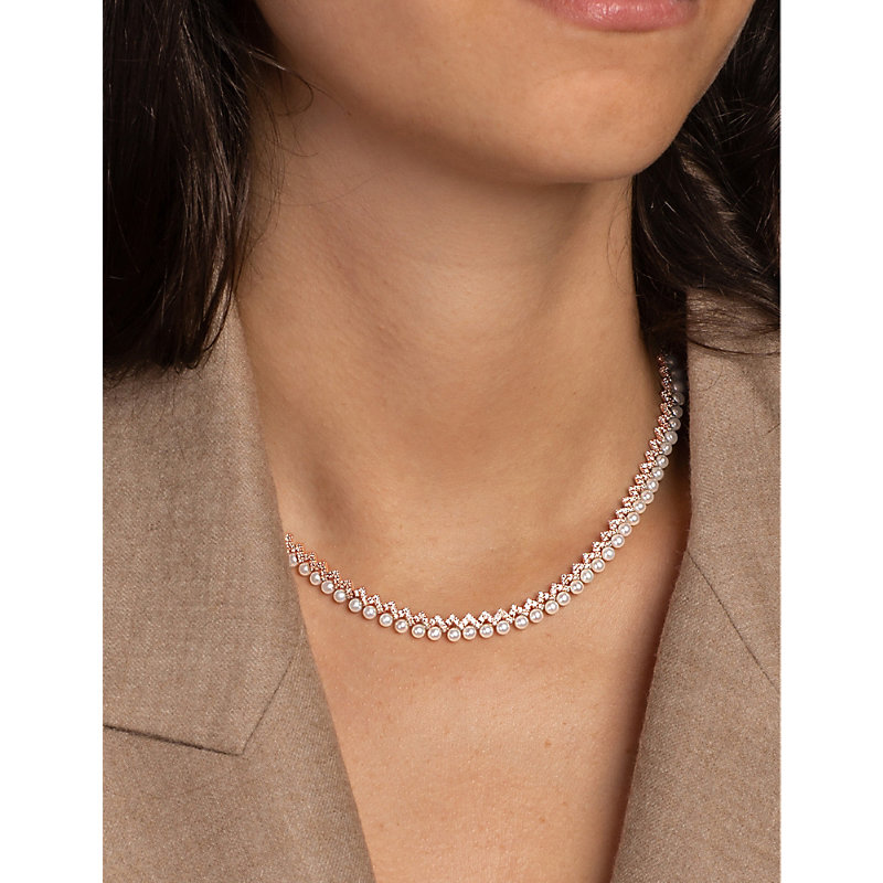 Shop Apm Monaco Womens Rose Gold Up And Down 18ct Rose Gold-plated Metal, Zirconia And Pearl Necklace