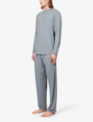 Shop Zimmerli Men's Steel Blue 562 Crewneck Ribbed-trim Stretch-jersey Pyjamas