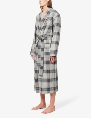 Shop Zimmerli Mens Grey Check 024 Shawl-neck Patch-pocket Cotton And Wool-blend Robe