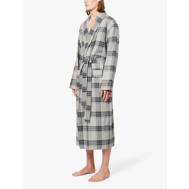 Shop Zimmerli Men's Grey Check 024 Shawl-neck Patch-pocket Cotton And Wool-blend Robe