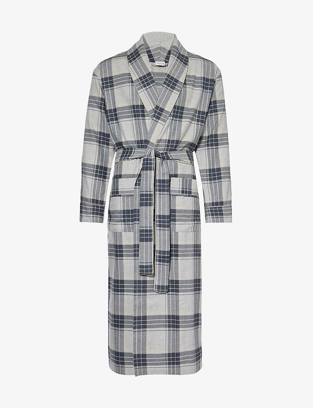 Zimmerli Mens Grey Check 024 Shawl-neck Patch-pocket Cotton And Wool-blend Robe