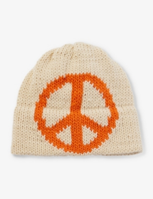 Bailey Goldberg Peace-pattern Knitted Wool-blend Beanie In Cream/orange