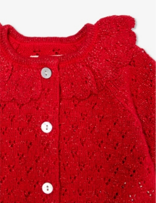 Shop Konges Slojd Savy Red Scalloped-trim Metallic-knit Cardigan 3-24 Months