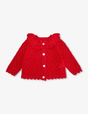 Shop Konges Slojd Savy Red Scalloped-trim Metallic-knit Cardigan 3-24 Months