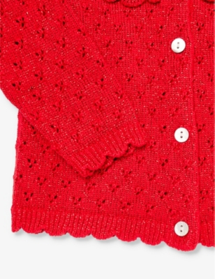 Shop Konges Slojd Scalloped-trim Metallic-knit Organic-cotton Blend Cardigan 3-24 Months In Savy Red
