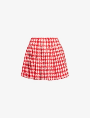 Shop Self-portrait Womens Red Checked Metallic-bouclé Woven Mini Skirt