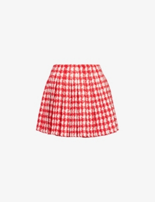 Shop Self-portrait Women's Red Checked Metallic-bouclé Woven Mini Skirt