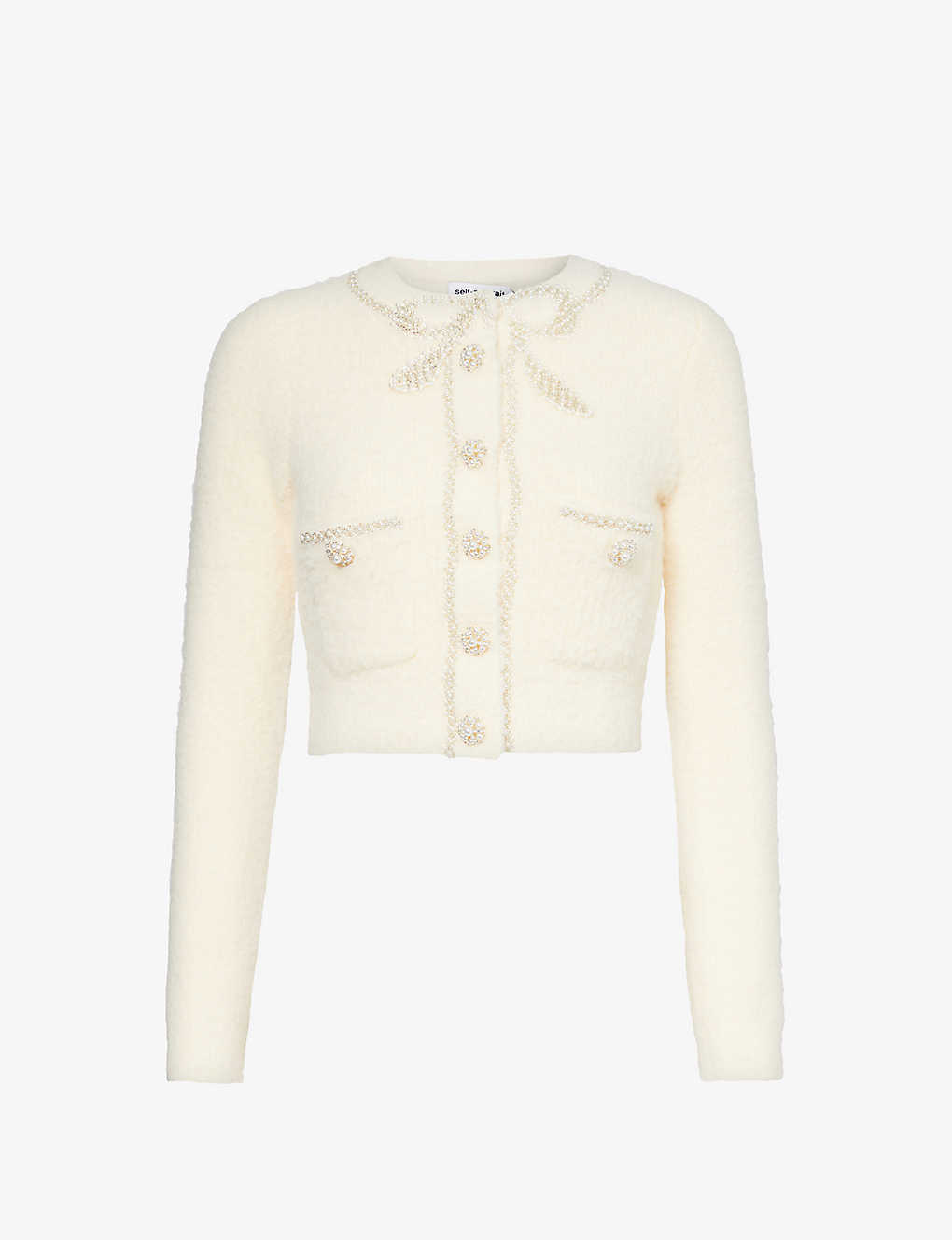 Shop Self-portrait Sequin-embellished Bow Woven Cardigan In Cream