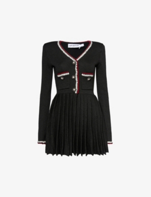 SELF-PORTRAIT: Pleated-skirt contrast-stripe woven-blend mini dress