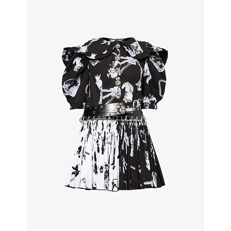 Shop Chopova Lowena Womens Black And White Midday Graphic-pattern Cotton Mini Dress