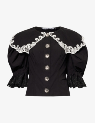 Shop Chopova Lowena Women's Black Rocket Contrast-trim Cotton-poplin Shirt