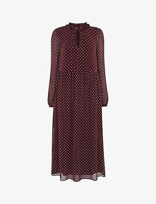 WHISTLES: Polka dot-print frill-trim woven midi dress