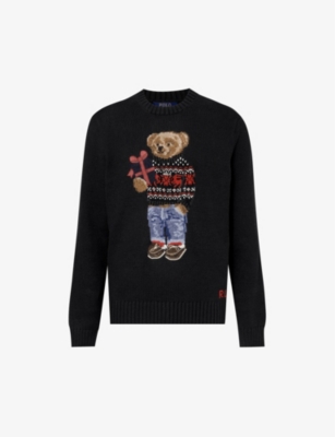 POLO RALPH LAUREN POLO RALPH LAUREN MEN'S POLO BLACK POLO BEAR-INTARSIA COTTON AND CASHMERE-BLEND JUMPER